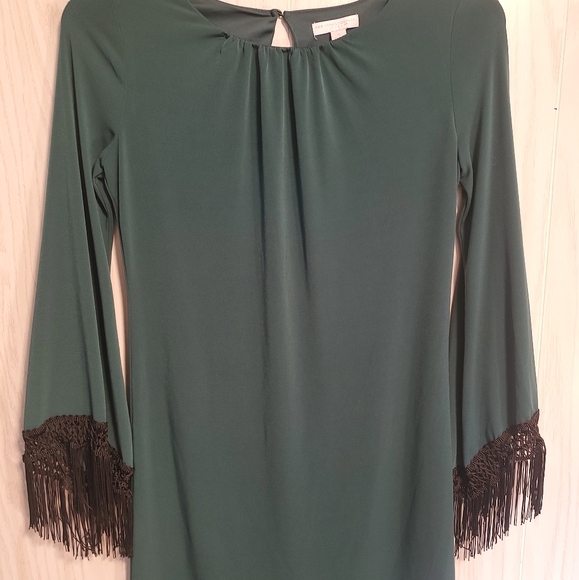 New York & Company Green Bell Sleeve Fringe Dress - Picture 4 of 8